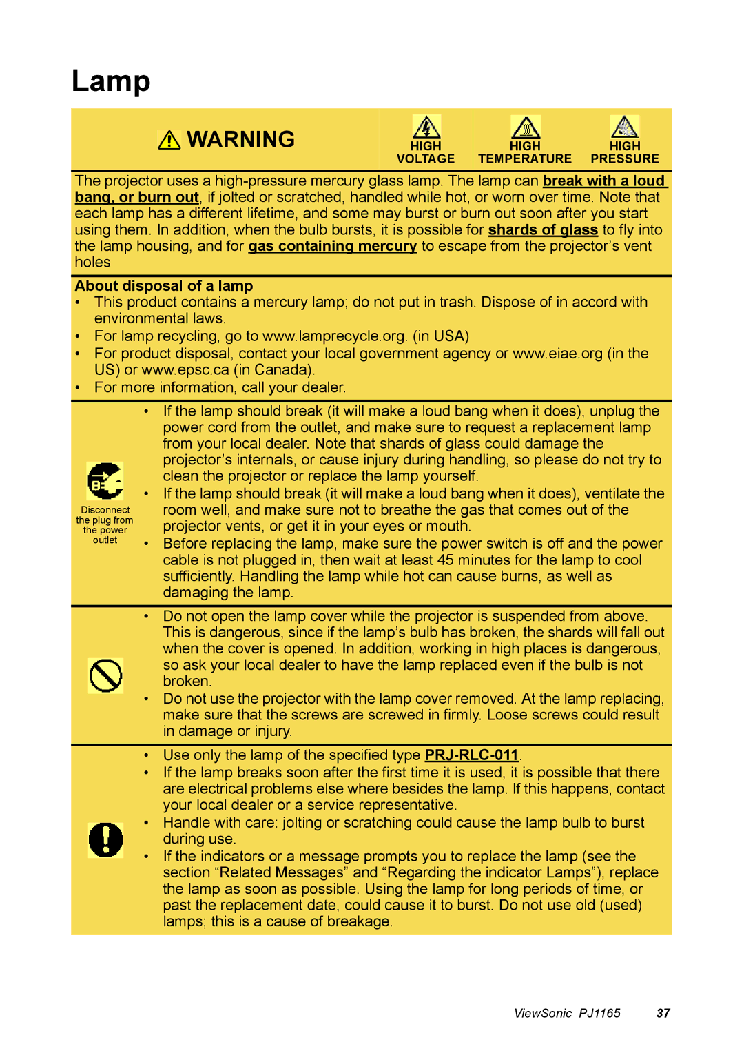 ViewSonic PJ1165 manual Lamp, About disposal of a lamp 