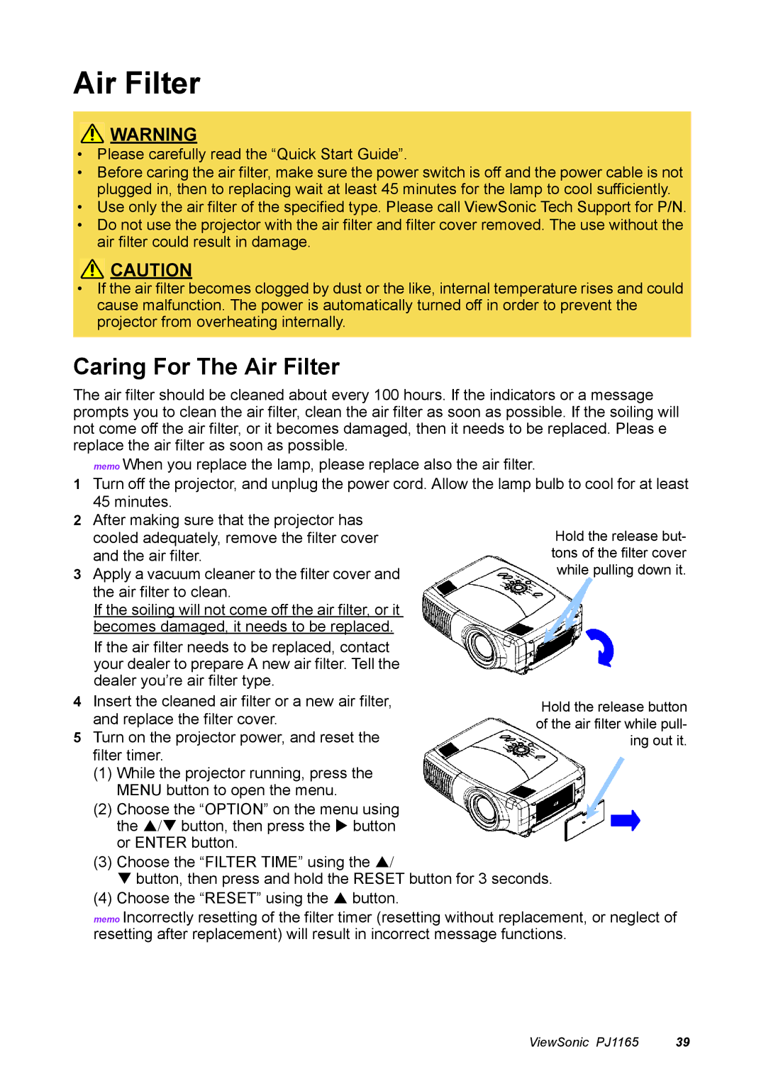 ViewSonic PJ1165 manual Caring For The Air Filter 