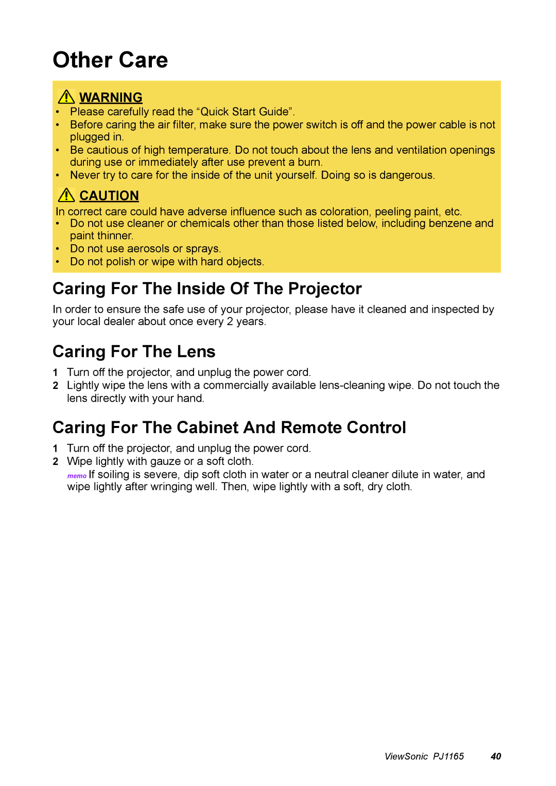 ViewSonic PJ1165 manual Other Care, Caring For The Inside Of The Projector, Caring For The Lens 