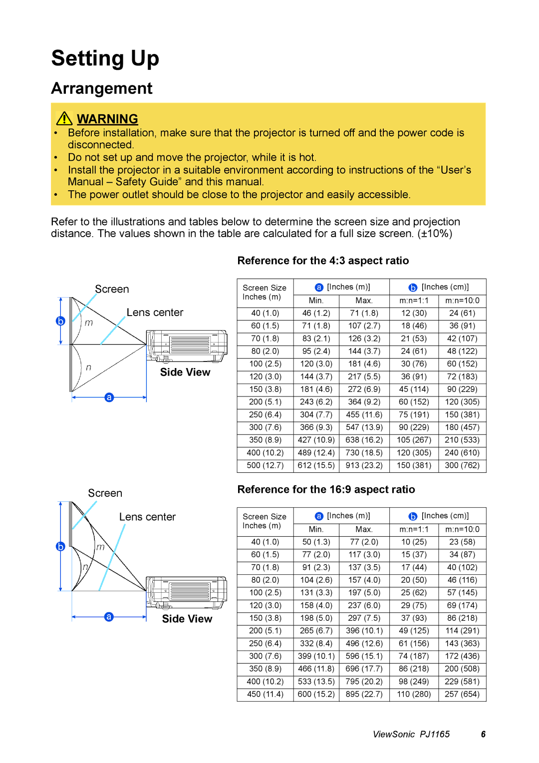 ViewSonic PJ1165 manual Setting Up, Arrangement, Side View Reference for the 43 aspect ratio 