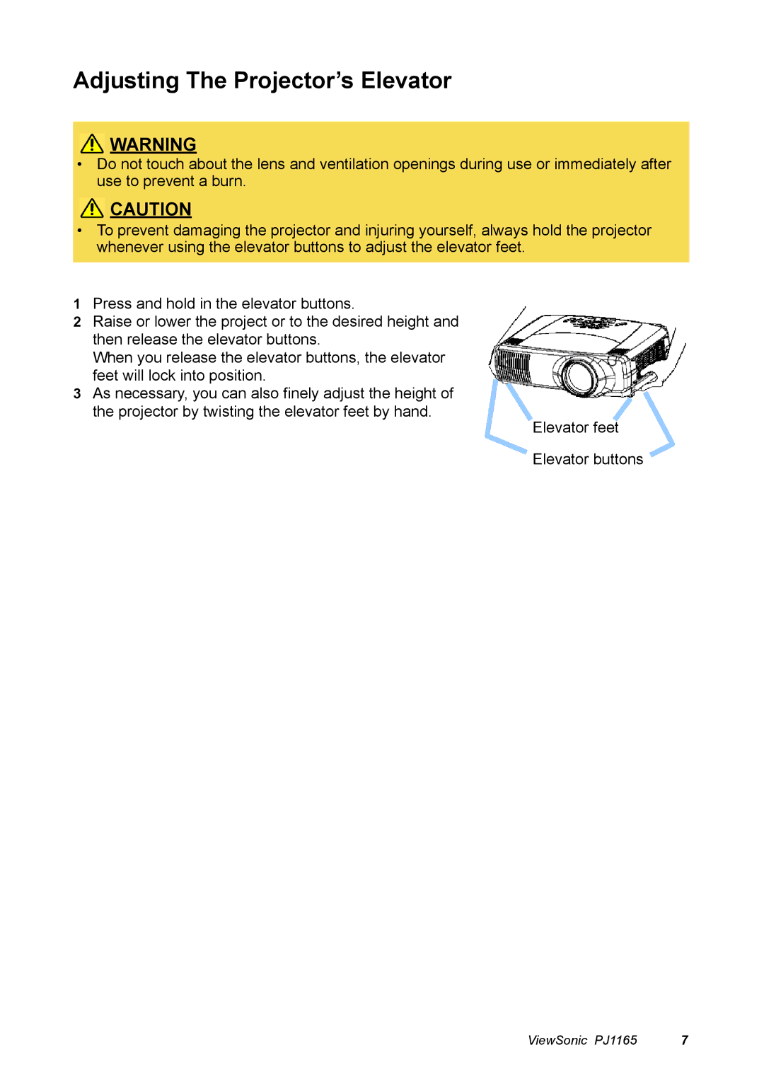 ViewSonic PJ1165 manual Adjusting The Projector’s Elevator 