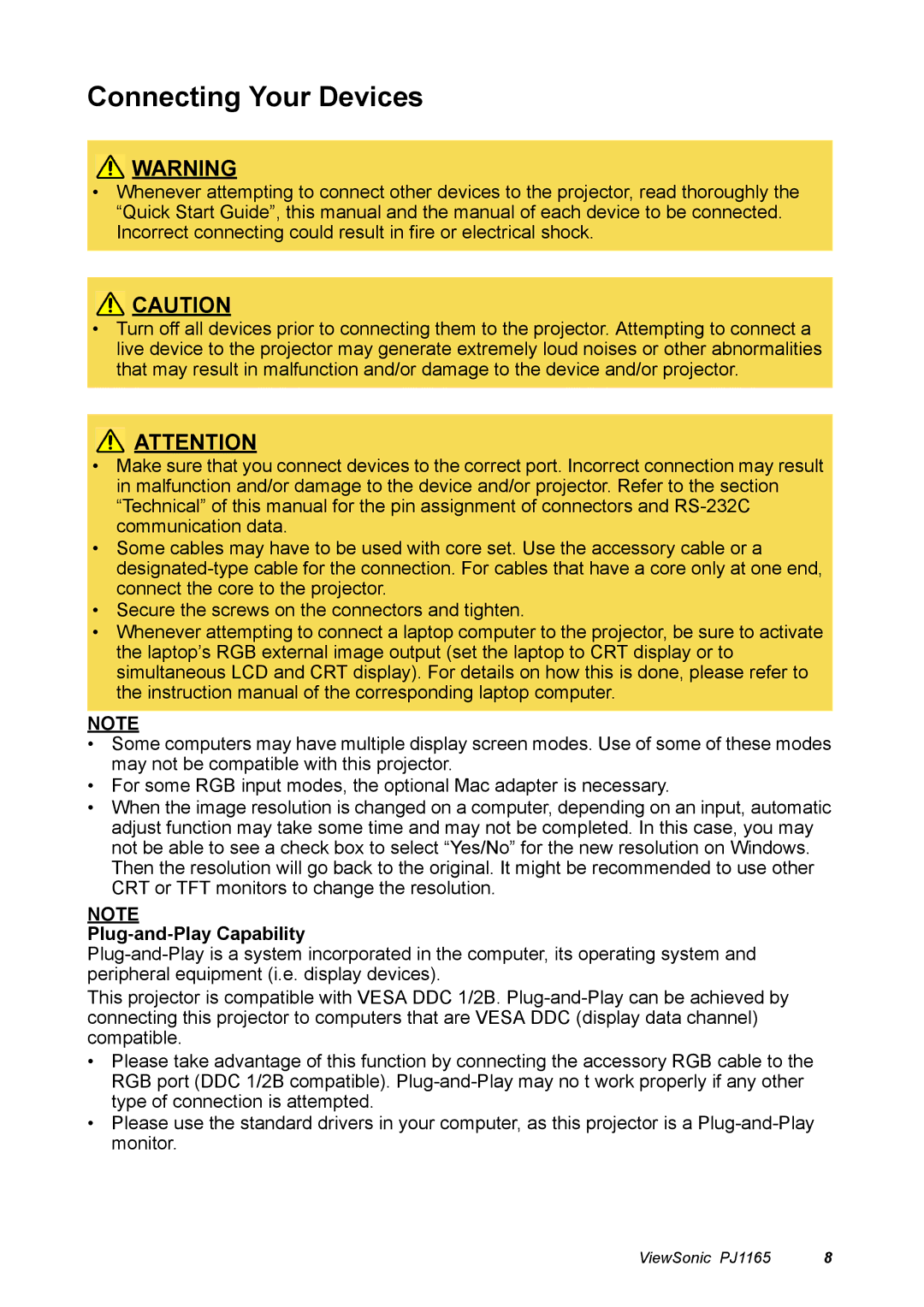 ViewSonic PJ1165 manual Connecting Your Devices, Plug-and-Play Capability 