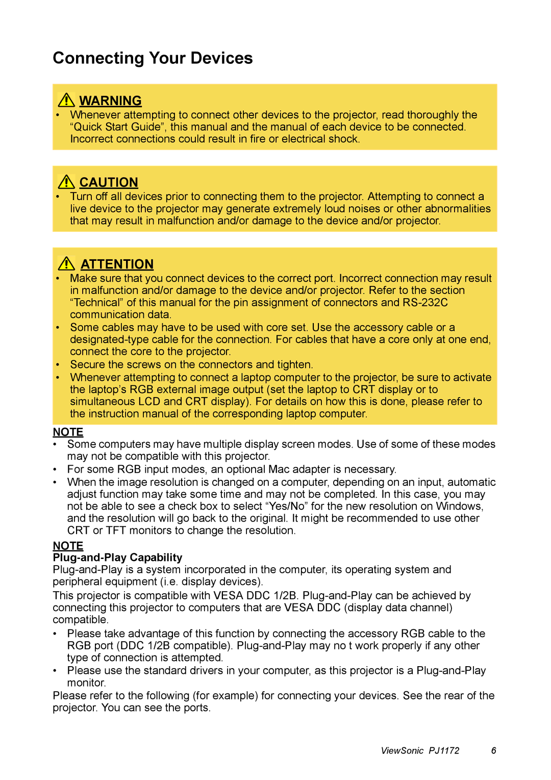 ViewSonic PJ1172 manual Connecting Your Devices, Plug-and-Play Capability 