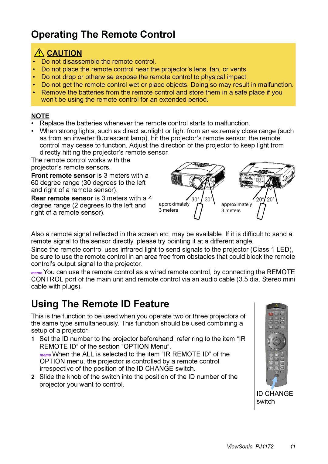 ViewSonic PJ1172 manual Operating The Remote Control, Using The Remote ID Feature 