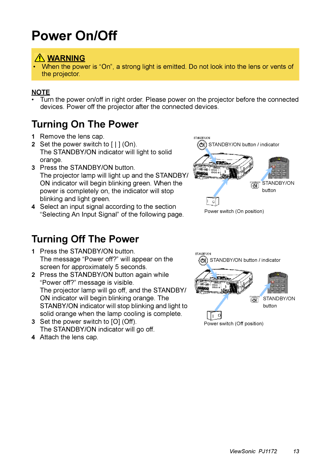 ViewSonic PJ1172 manual Power On/Off, Turning On The Power, Turning Off The Power 