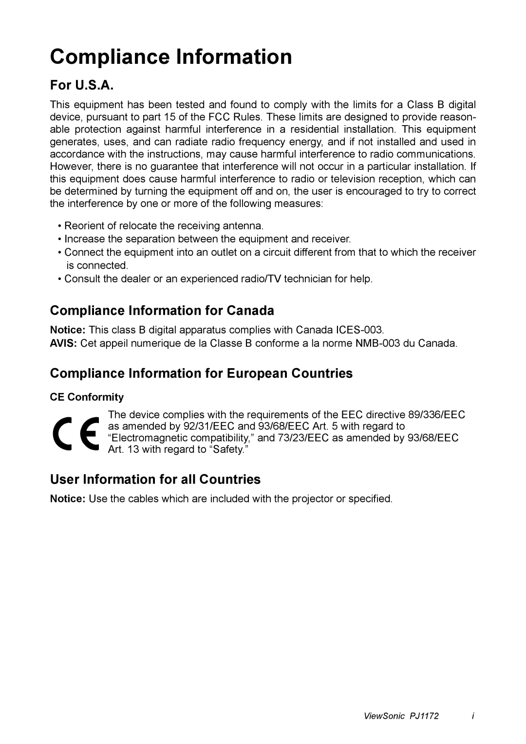 ViewSonic PJ1172 manual Compliance Information, CE Conformity 