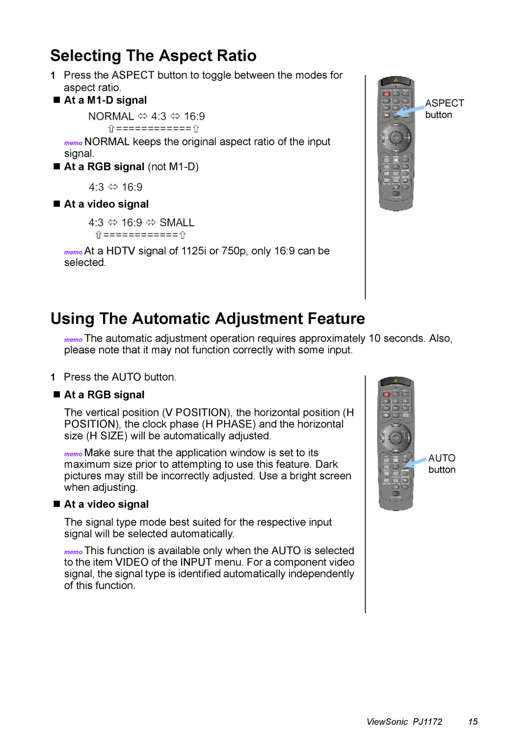 ViewSonic PJ1172 Selecting The Aspect Ratio, Using The Automatic Adjustment Feature, At a M1-D signal, At a RGB signal 