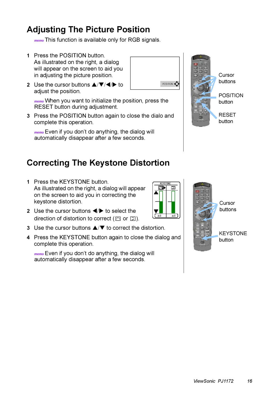 ViewSonic PJ1172 manual Adjusting The Picture Position, Correcting The Keystone Distortion 