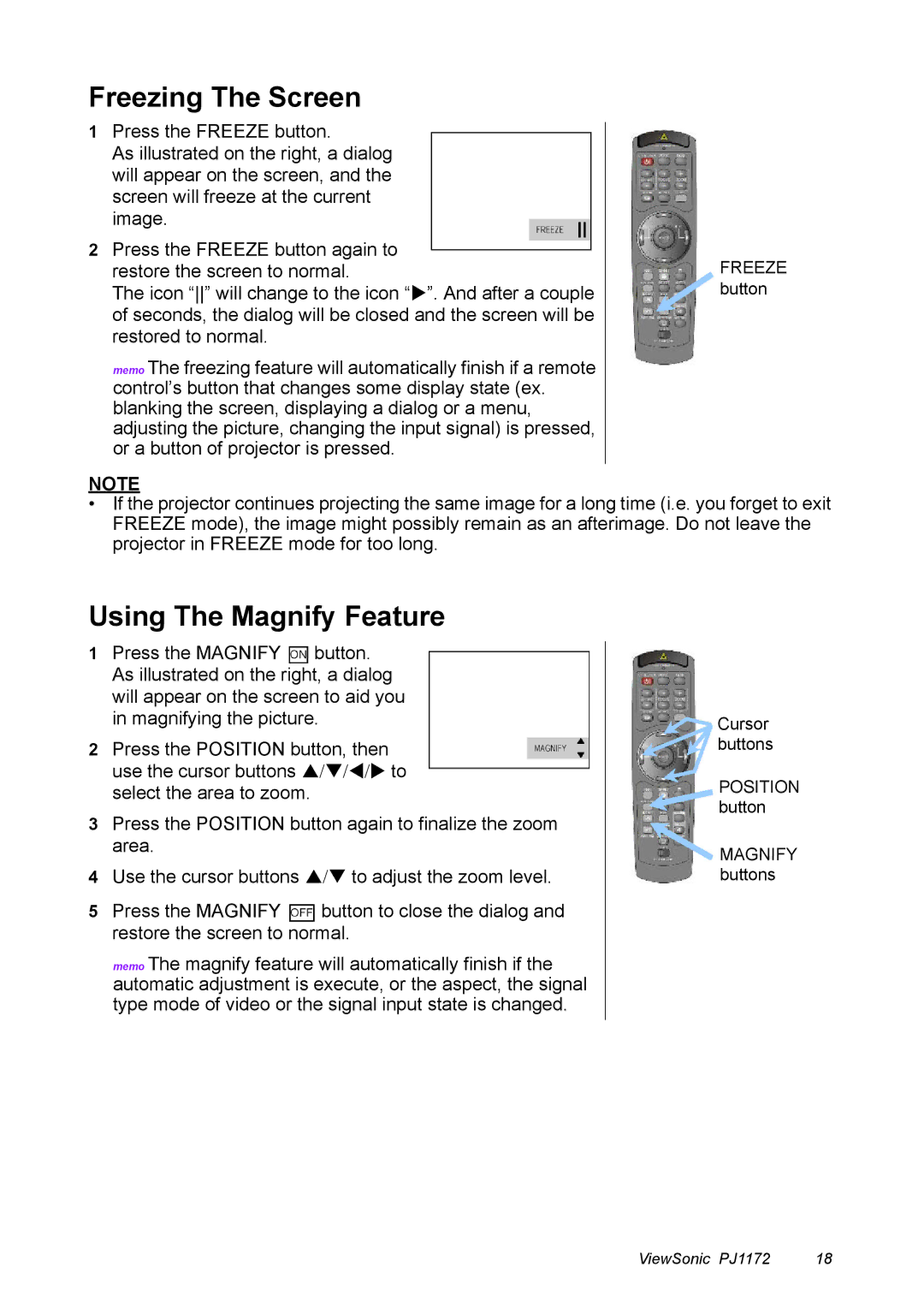 ViewSonic PJ1172 manual Freezing The Screen, Using The Magnify Feature 