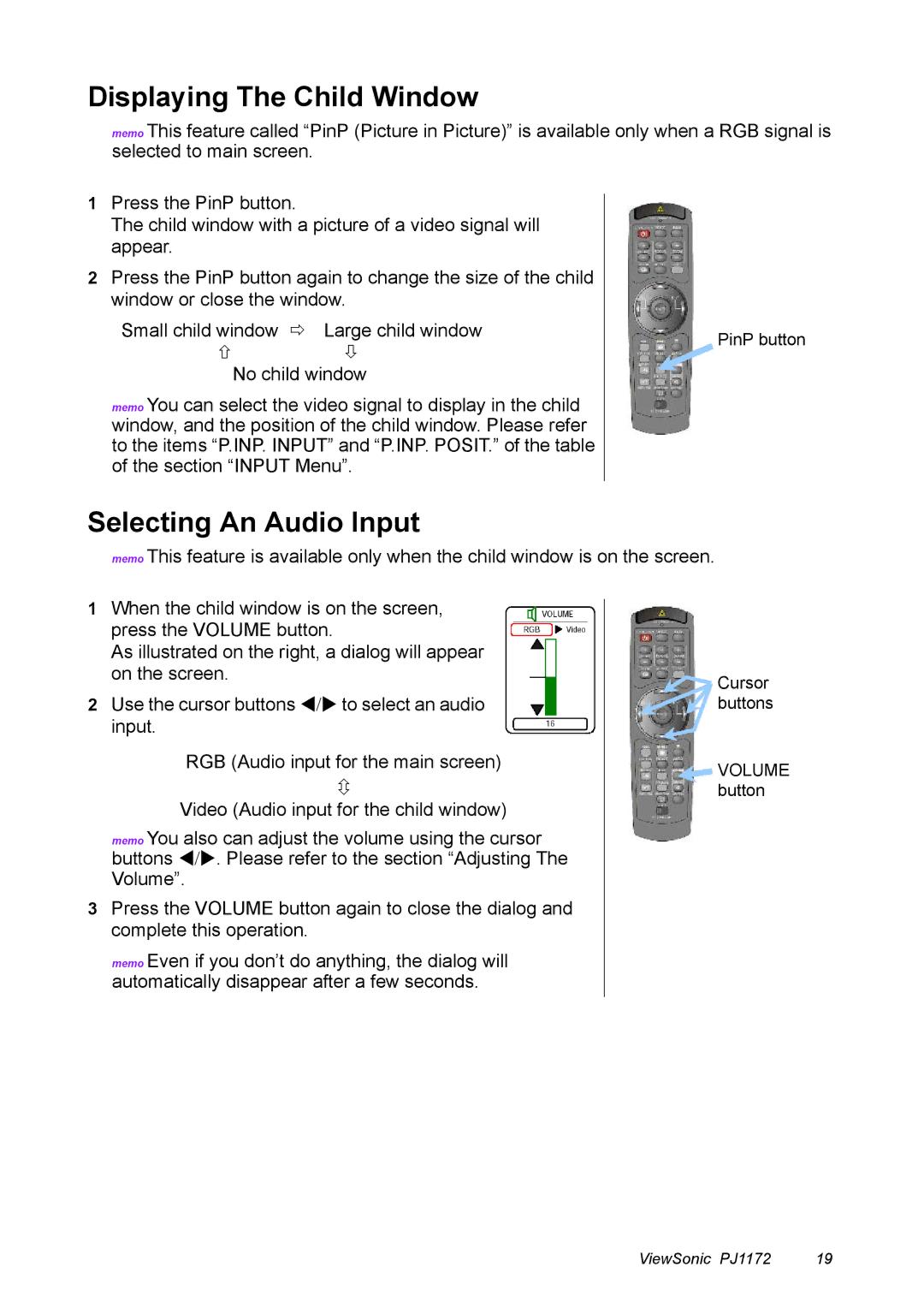 ViewSonic PJ1172 manual Displaying The Child Window, Selecting An Audio Input 