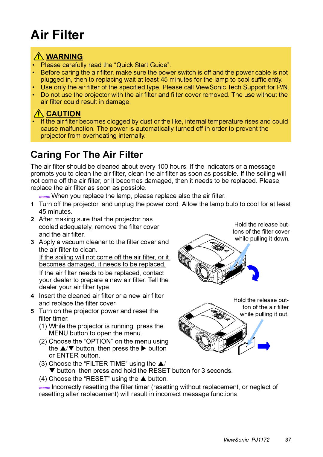 ViewSonic PJ1172 manual Caring For The Air Filter 