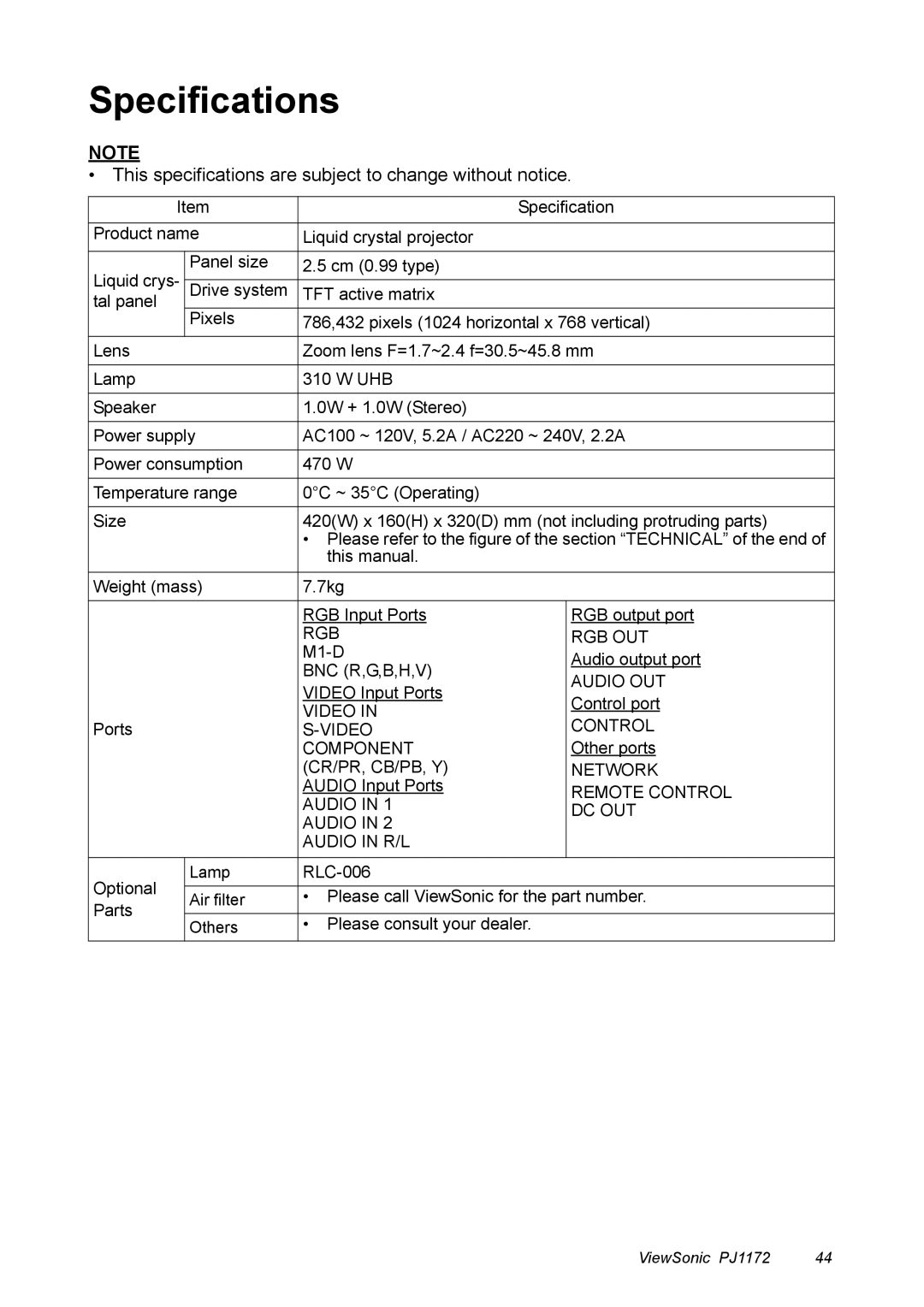 ViewSonic PJ1172 manual Specifications, This specifications are subject to change without notice 