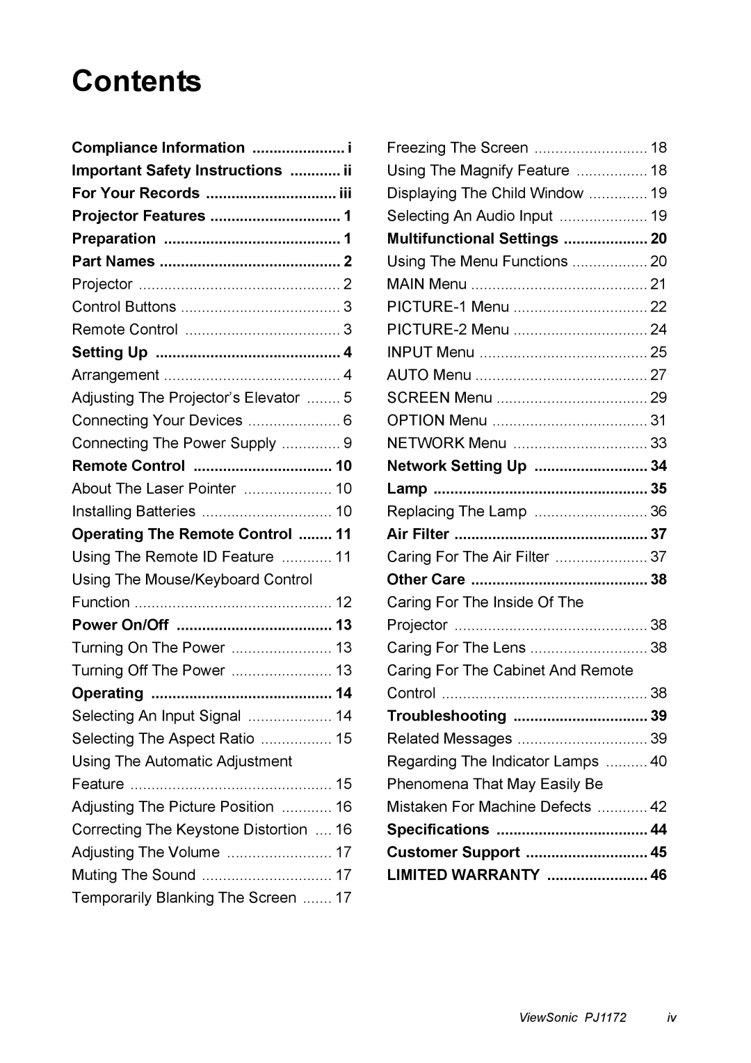 ViewSonic PJ1172 manual Contents 