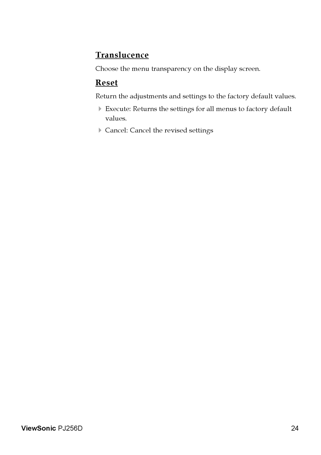 ViewSonic PJ256D manual Translucence, Reset 