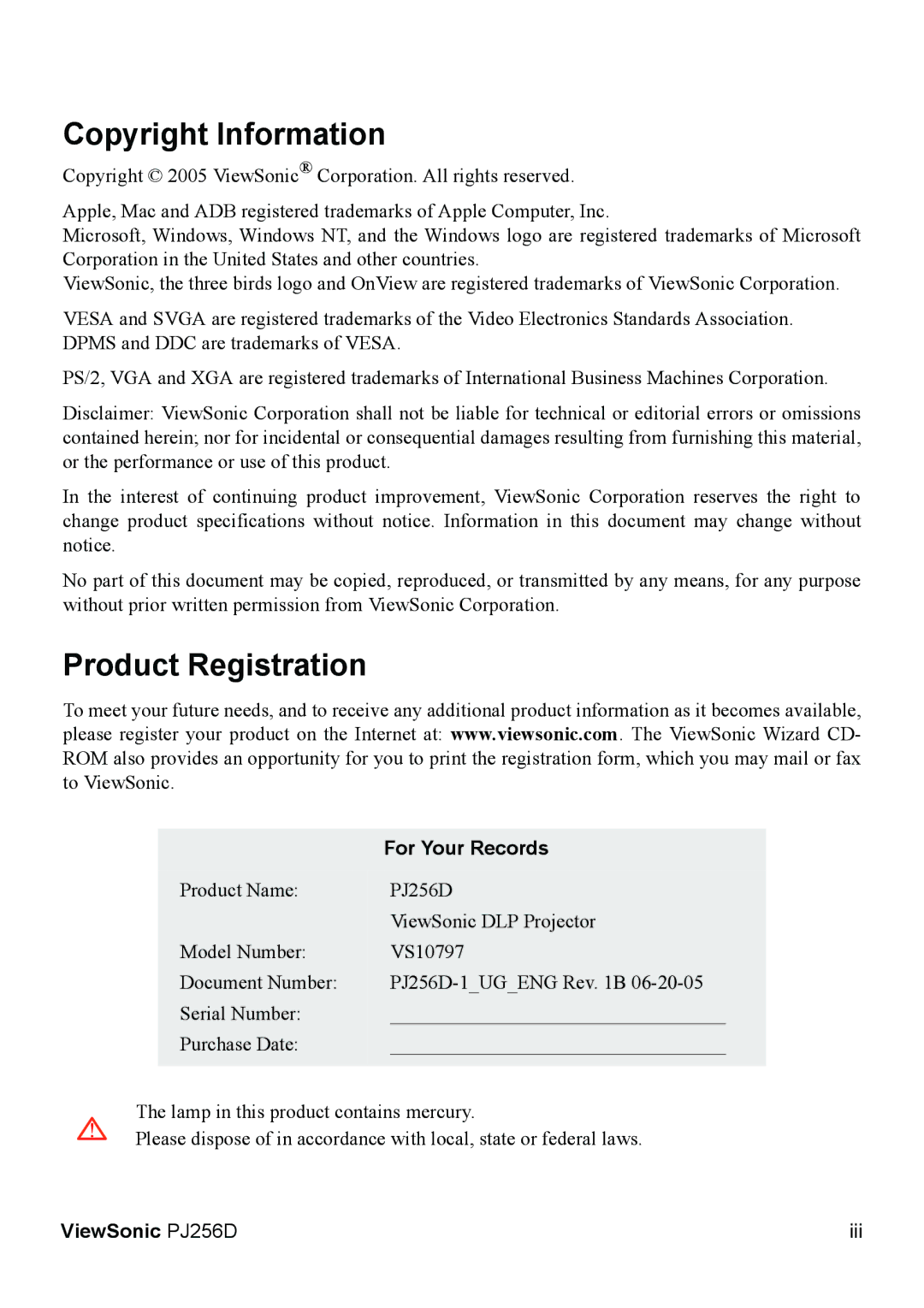 ViewSonic PJ256D manual Copyright Information 