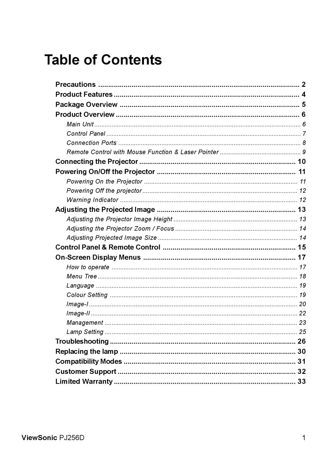 ViewSonic PJ256D manual Table of Contents 