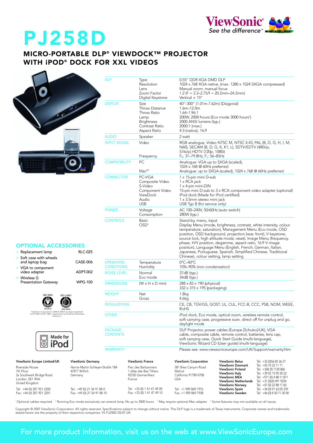 ViewSonic PJ258D manual Optional Accessories, P J 2 5 8 D 