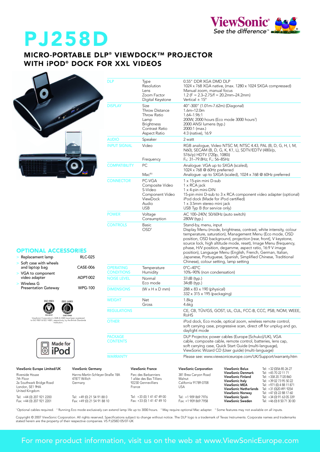 ViewSonic PJ258D manual Dlp, Display, Audio, Input Signal, Compatibility, Connector, Power, Controls, Operating, Conditions 