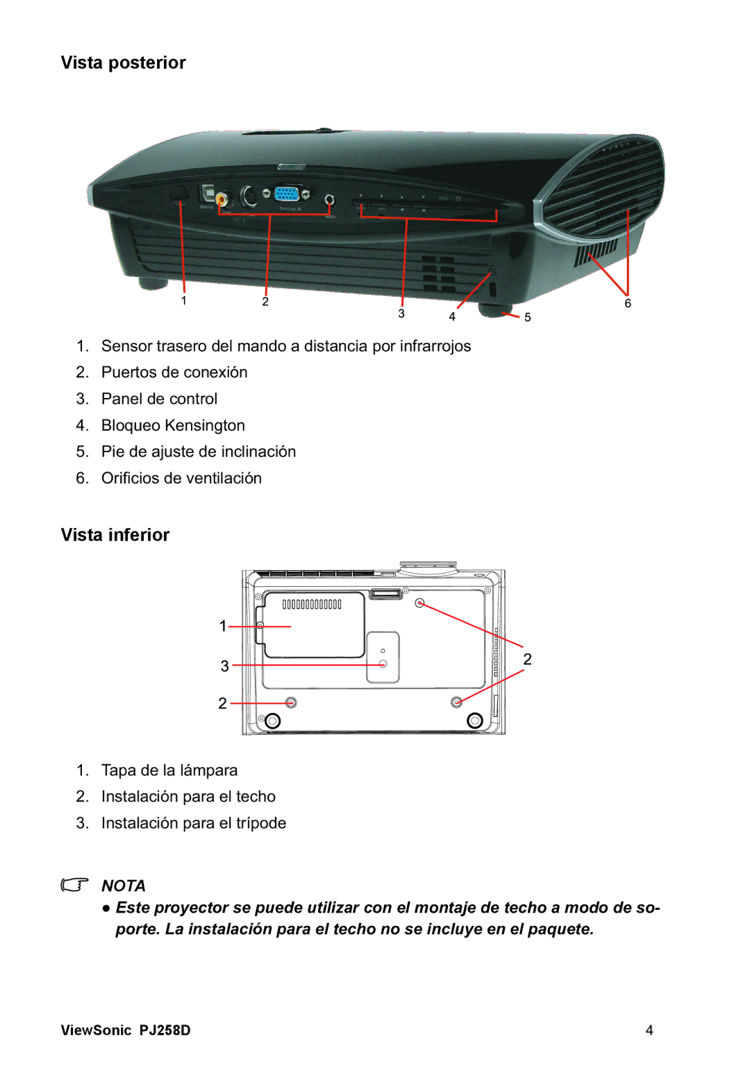 ViewSonic PJ258D manual Vista posterior, Vista inferior,  6HQVRUWUDVHURGHOPDQGRDGLVWDQFLDSRULQIUDUURMRV 