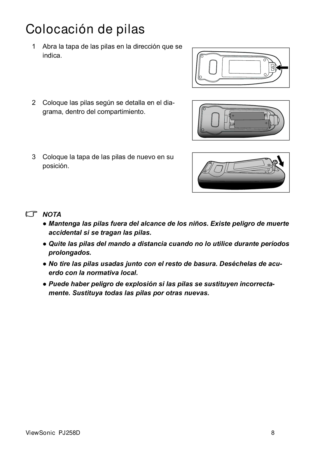 ViewSonic PJ258D manual Colocación de pilas, HugrFrqOdQrupdwlydOrfdo 