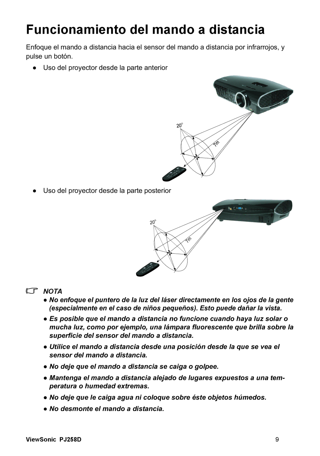 ViewSonic PJ258D manual Funcionamiento del mando a distancia, SXOVHXQERWyQ 