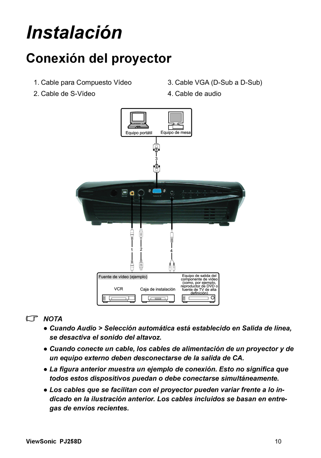 ViewSonic PJ258D manual QVWDODFLyQ, Conexión del proyector 