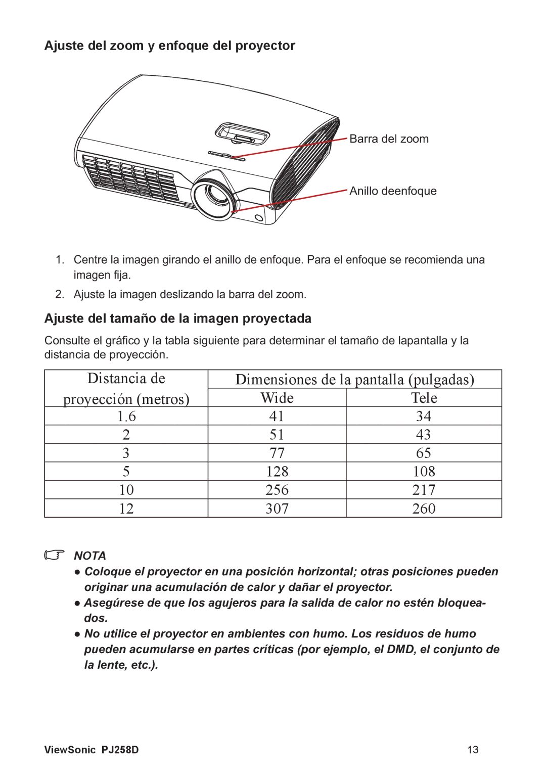 ViewSonic PJ258D manual Ajuste del zoom y enfoque del proyector, Ajuste del tamaño de la imagen proyectada 