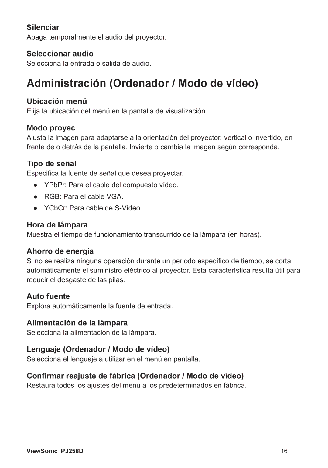 ViewSonic PJ258D manual Administración Ordenador / Modo de vídeo 