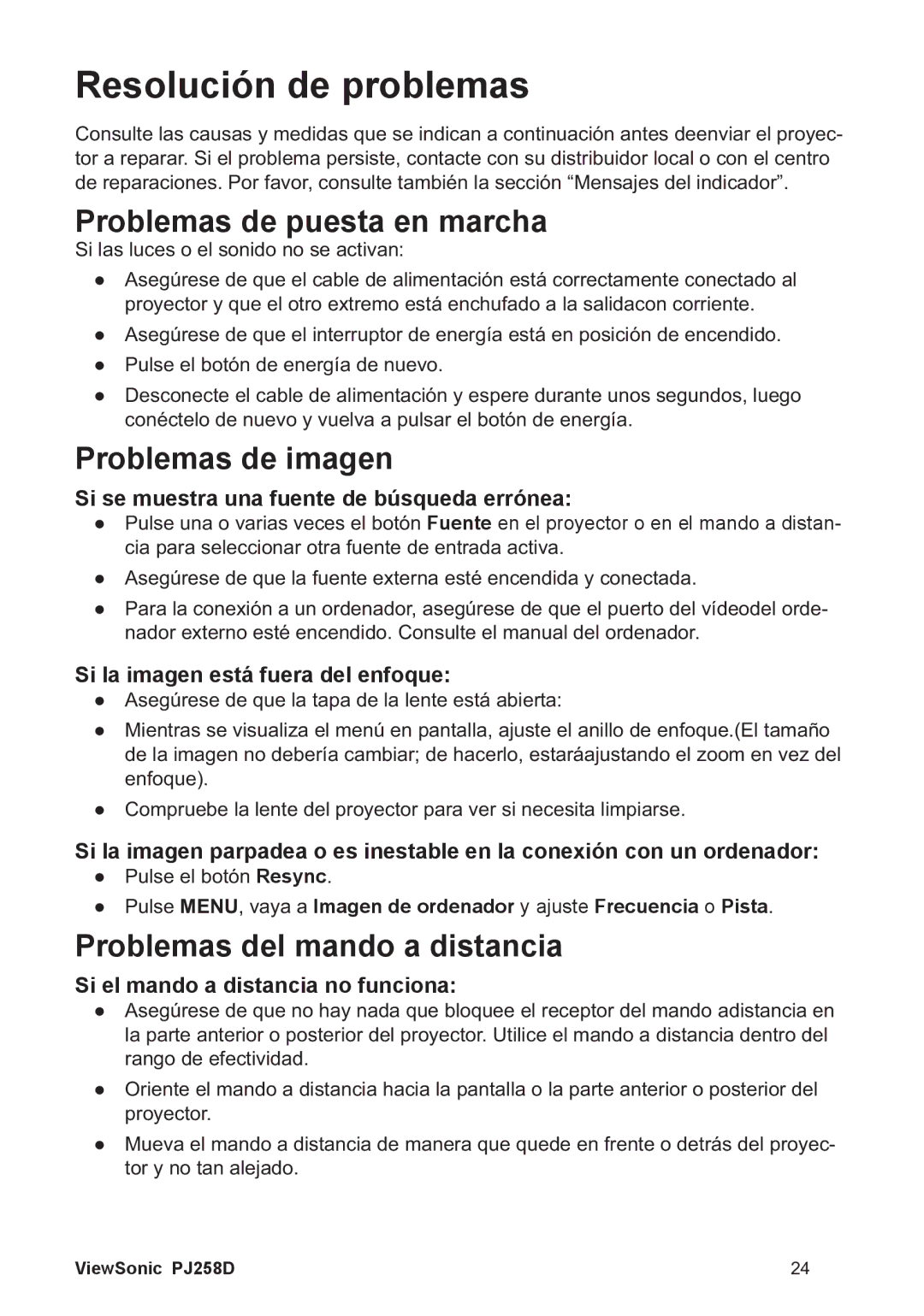 ViewSonic PJ258D manual Resolución de problemas, Problemas de puesta en marcha, Problemas de imagen 