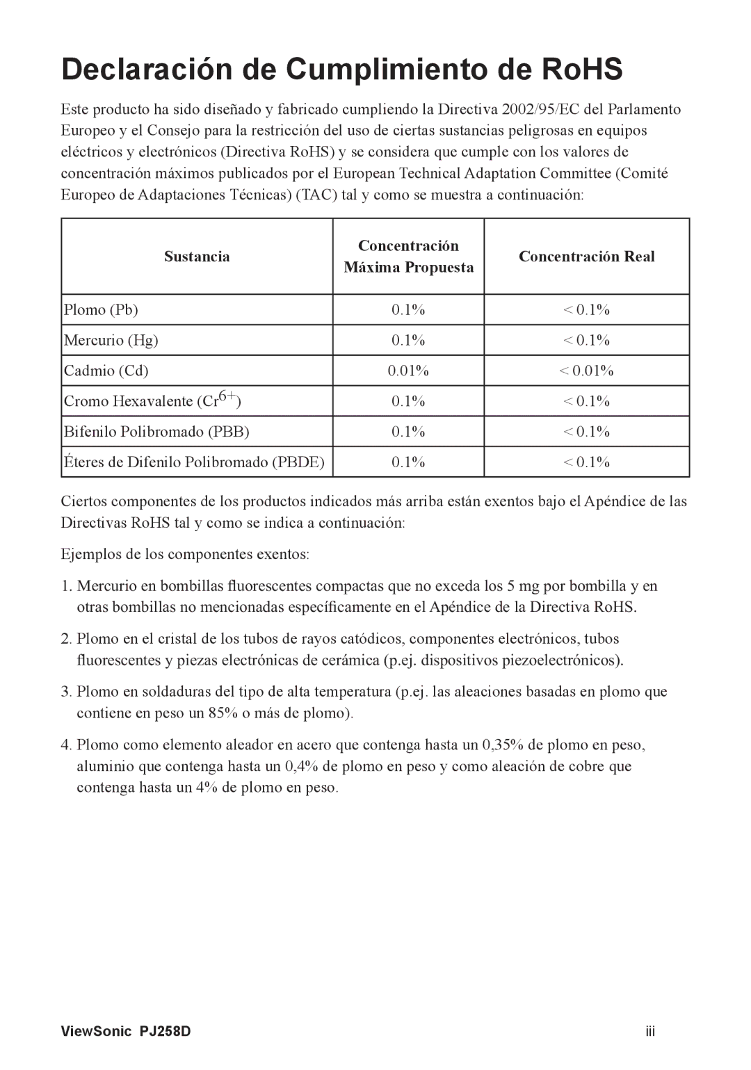 ViewSonic PJ258D manual Declaración de Cumplimiento de RoHS, Sustancia Concentración Concentración Real 