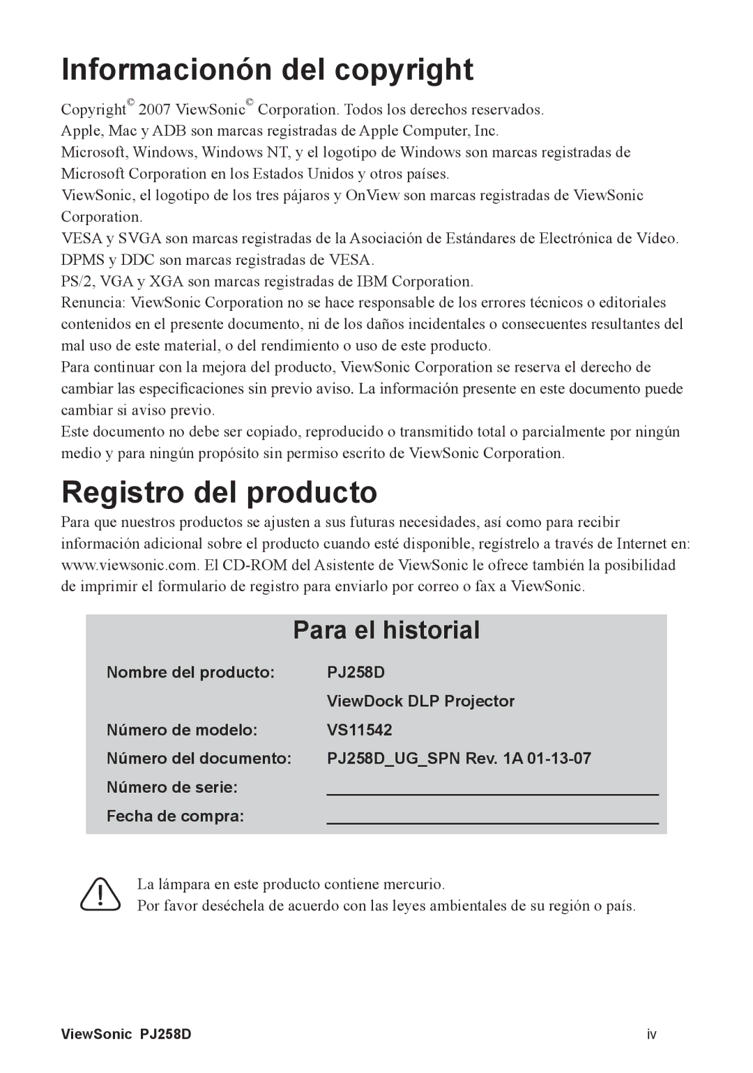 ViewSonic PJ258D manual Informacionón del copyright, Registro del producto, Para el historial 