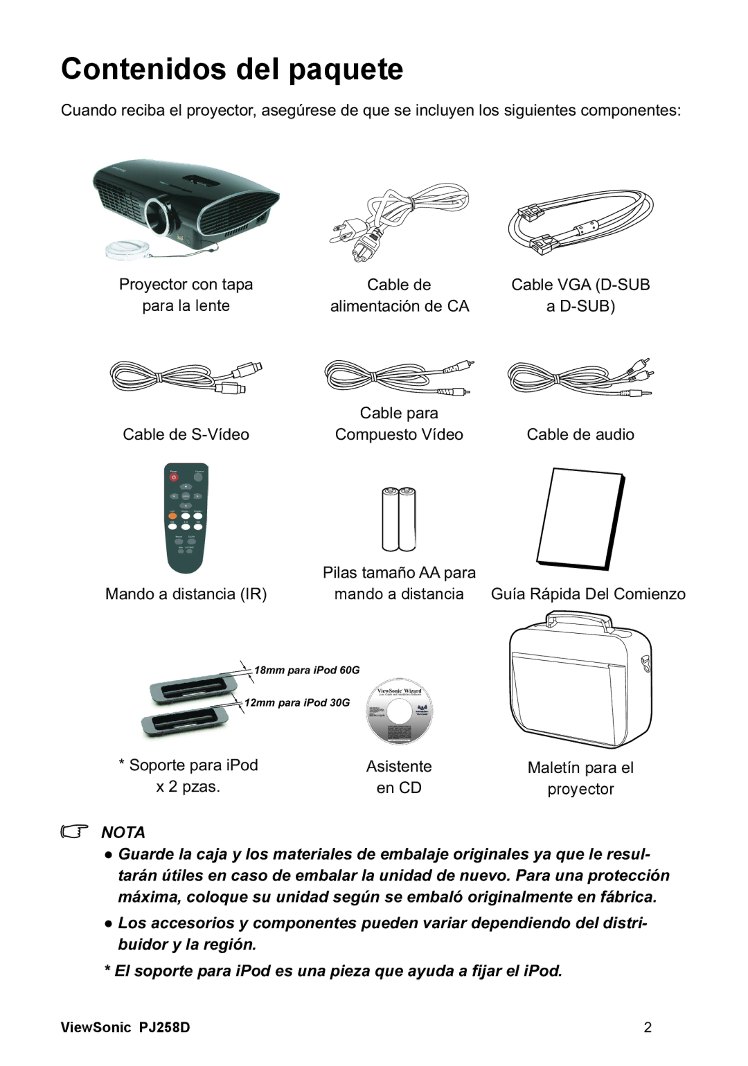 ViewSonic PJ258D manual Contenidos del paquete, Para la lente, Proyector 