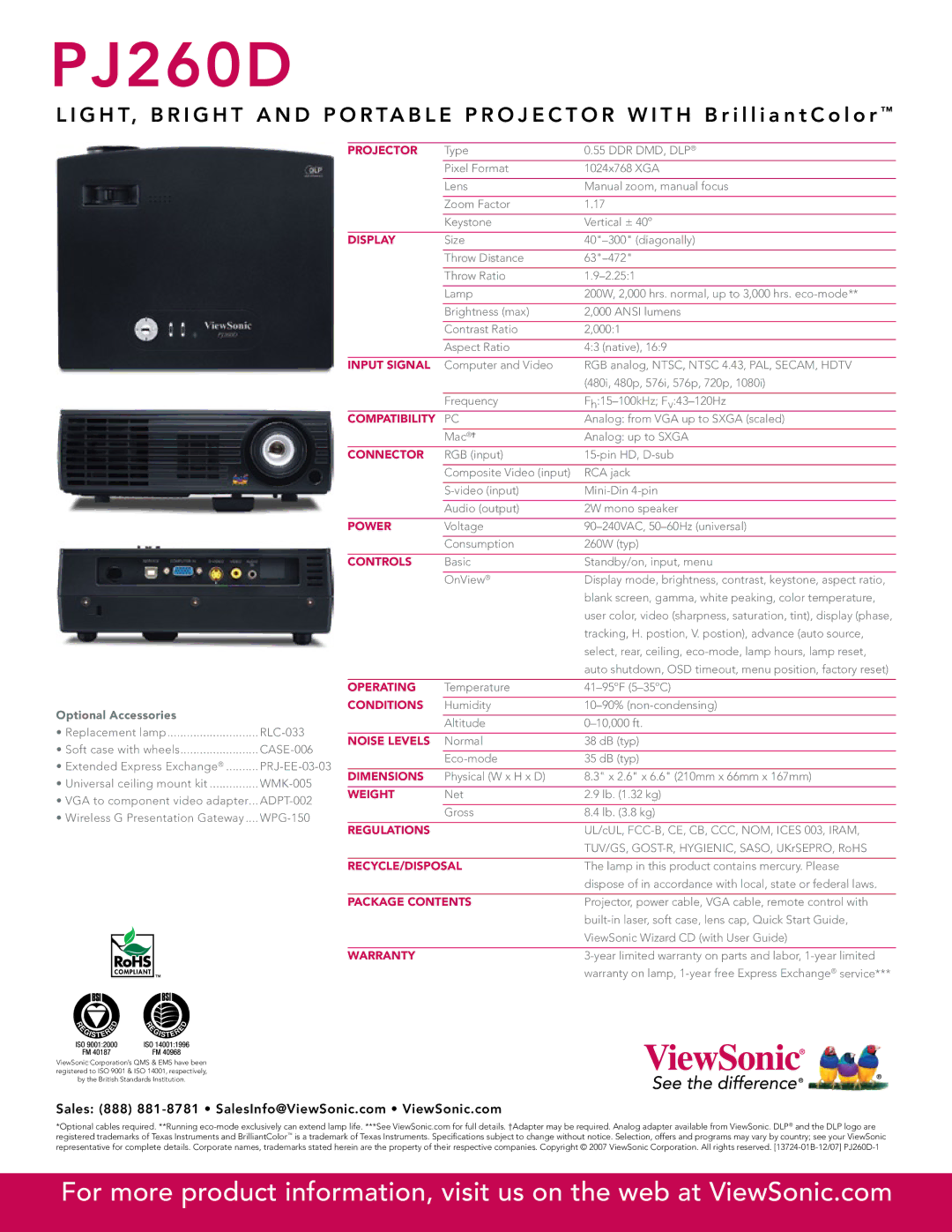 ViewSonic PJ260D manual Projector, Display, Input Signal, Compatibility, Connector, Power, Controls, Operating, Conditions 
