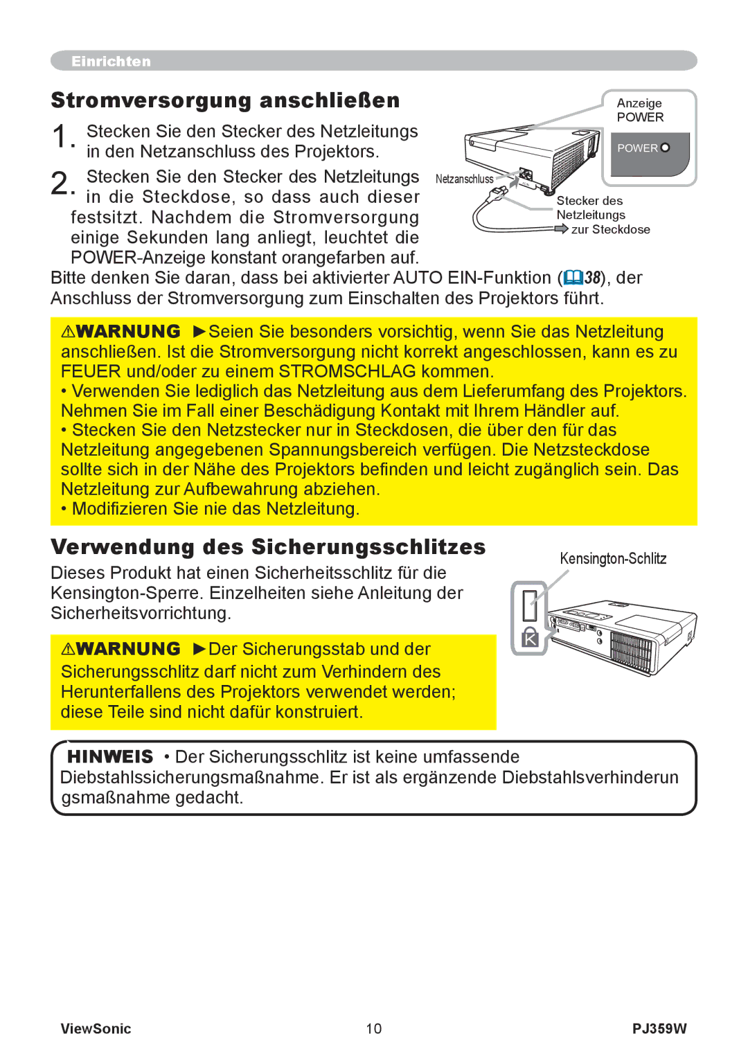 ViewSonic PJ358W manual Stromversorgung anschließen, Verwendung des Sicherungsschlitzes 