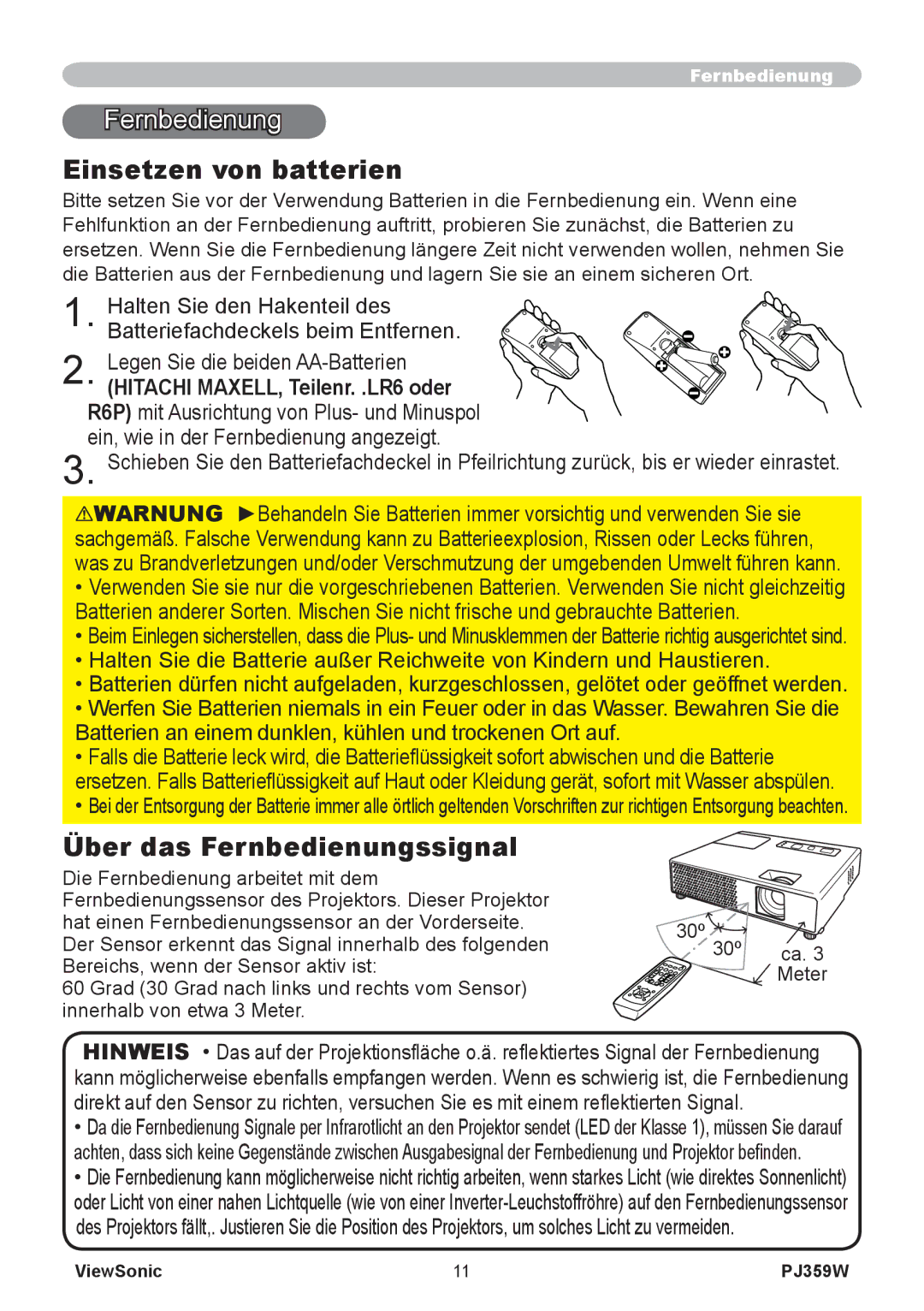 ViewSonic PJ358W manual Einsetzen von batterien, Über das Fernbedienungssignal 