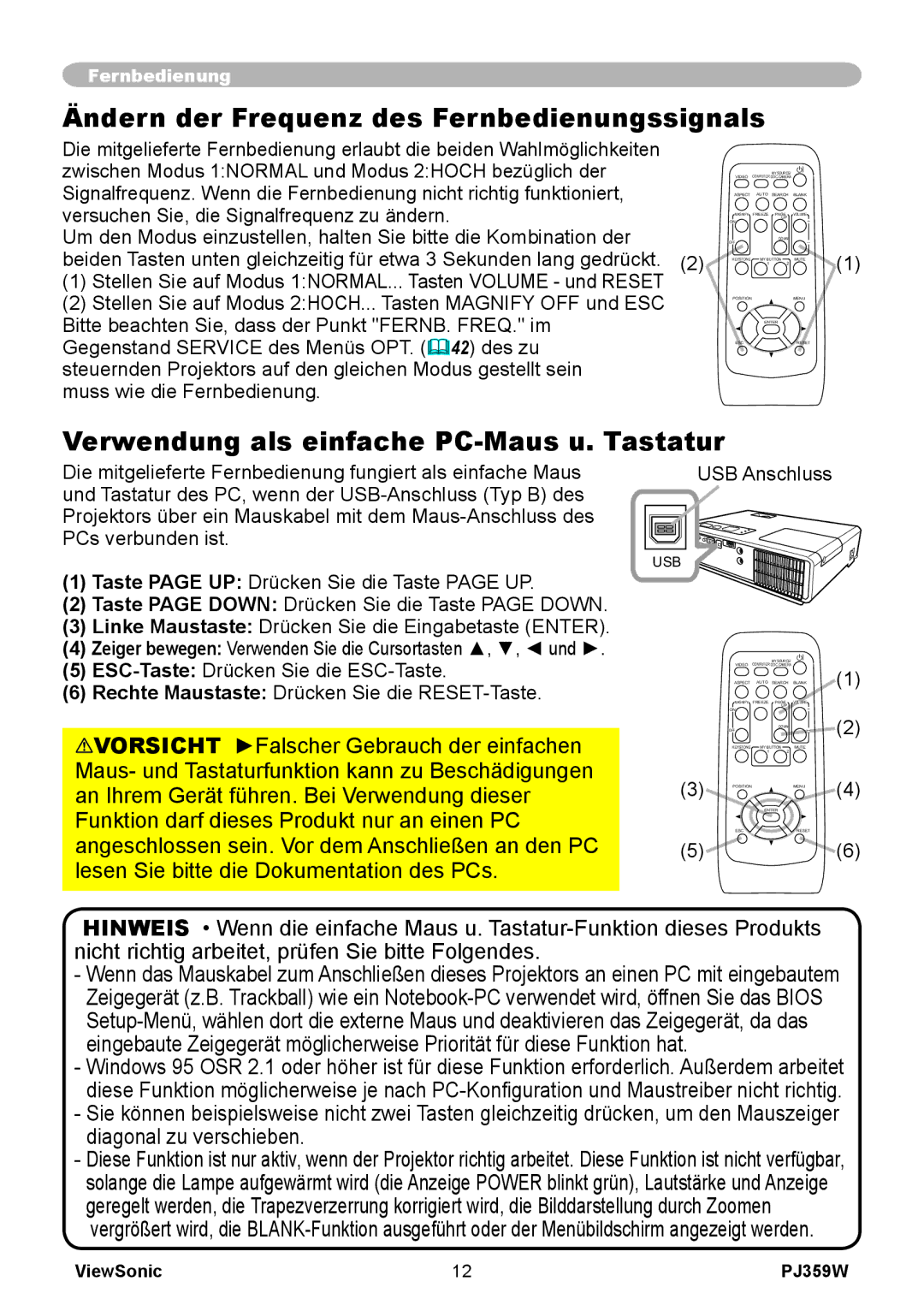 ViewSonic PJ358W manual Ändern der Frequenz des Fernbedienungssignals, Verwendung als einfache PC-Maus u.. Tastatur 