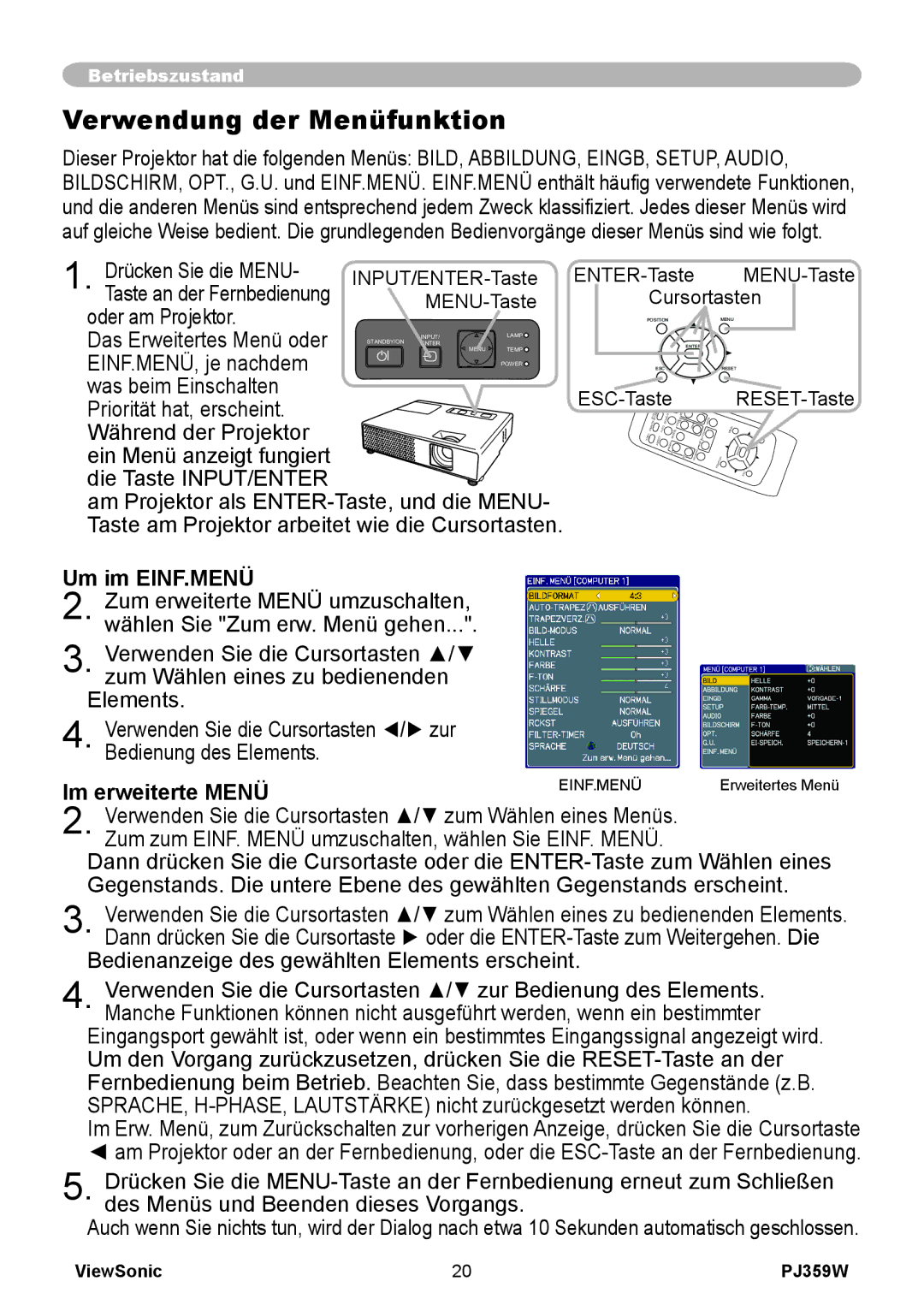 ViewSonic PJ358W Verwendung der Menüfunktion, Um im EINF.MENÜ, Im erweiterte Menü, ENTER-Taste MENU-Taste Cursortasten 