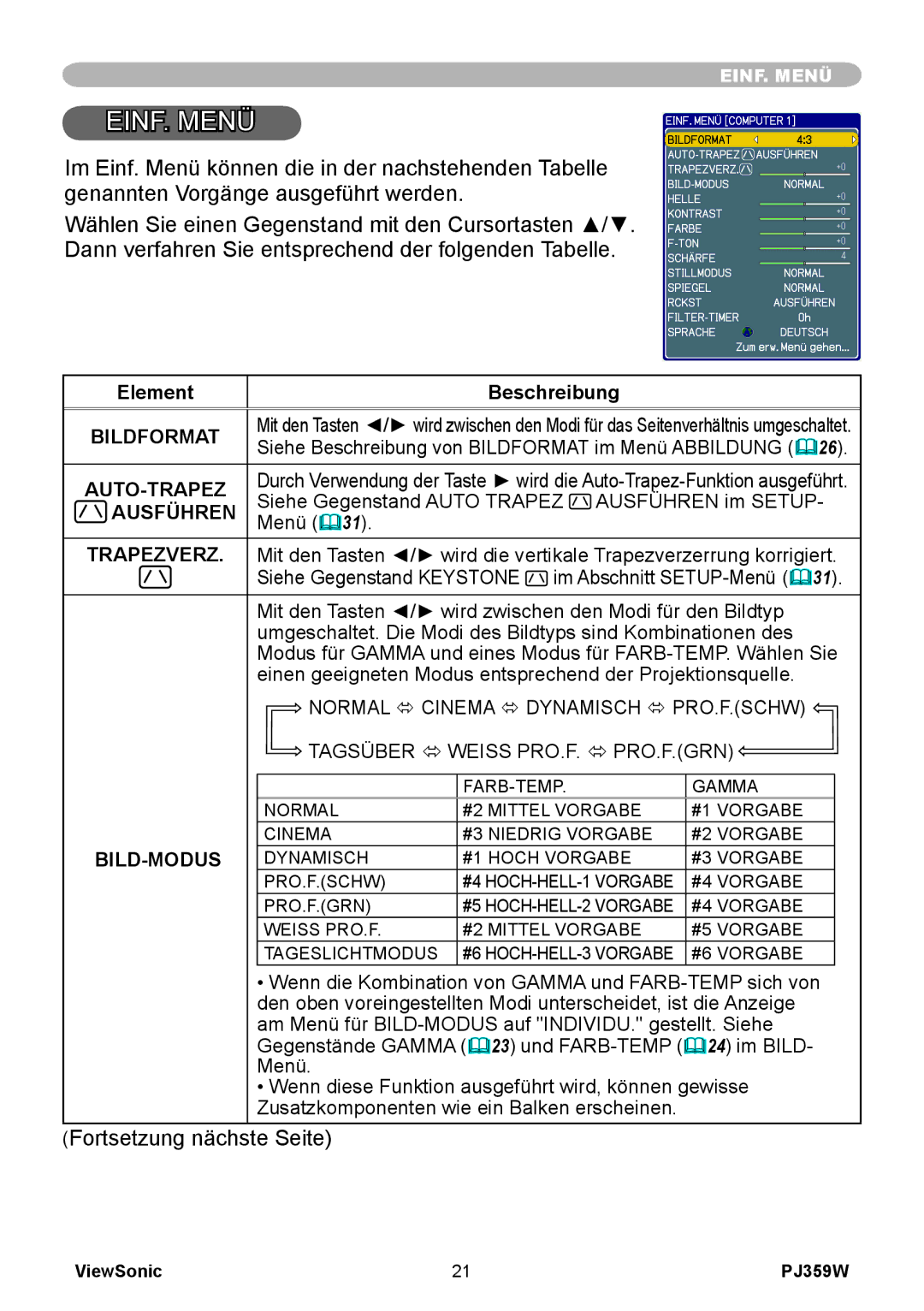 ViewSonic PJ358W manual Bildformat, Auto-Trapez, Ausführen, Trapezverz, Bild-Modus 