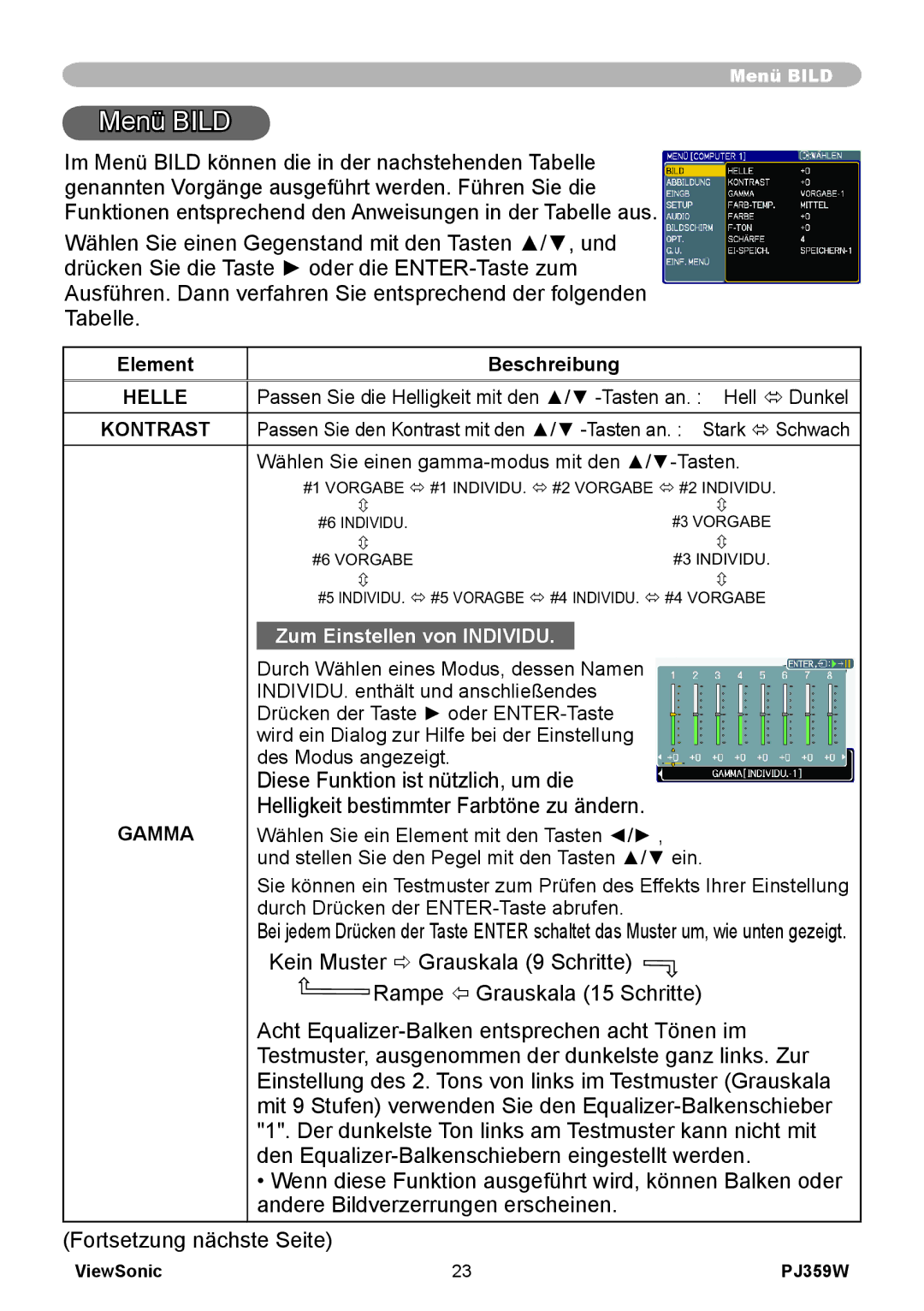 ViewSonic PJ358W manual Menü Bild, Gamma 