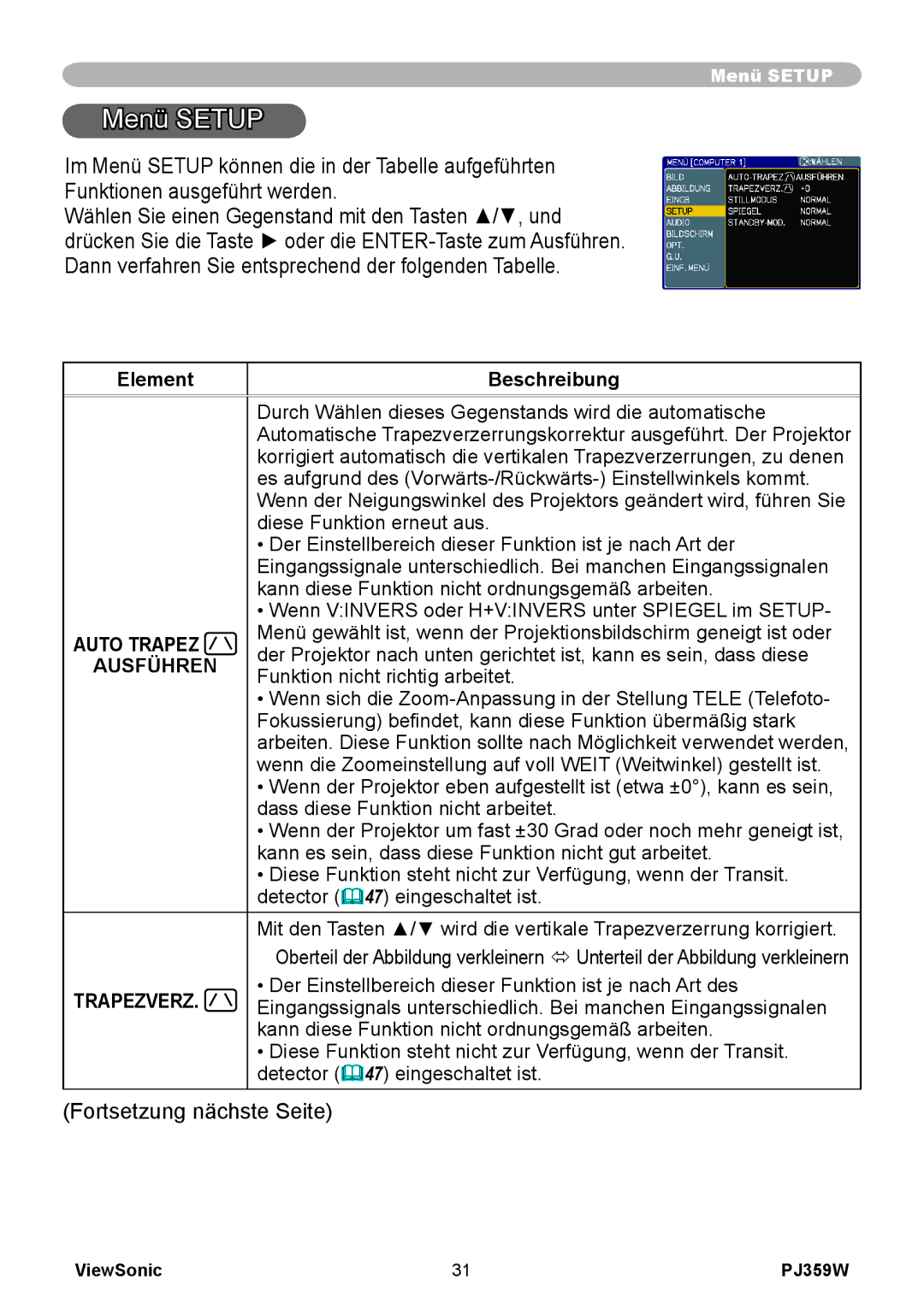 ViewSonic PJ358W manual Menü Setup, Auto Trapez 