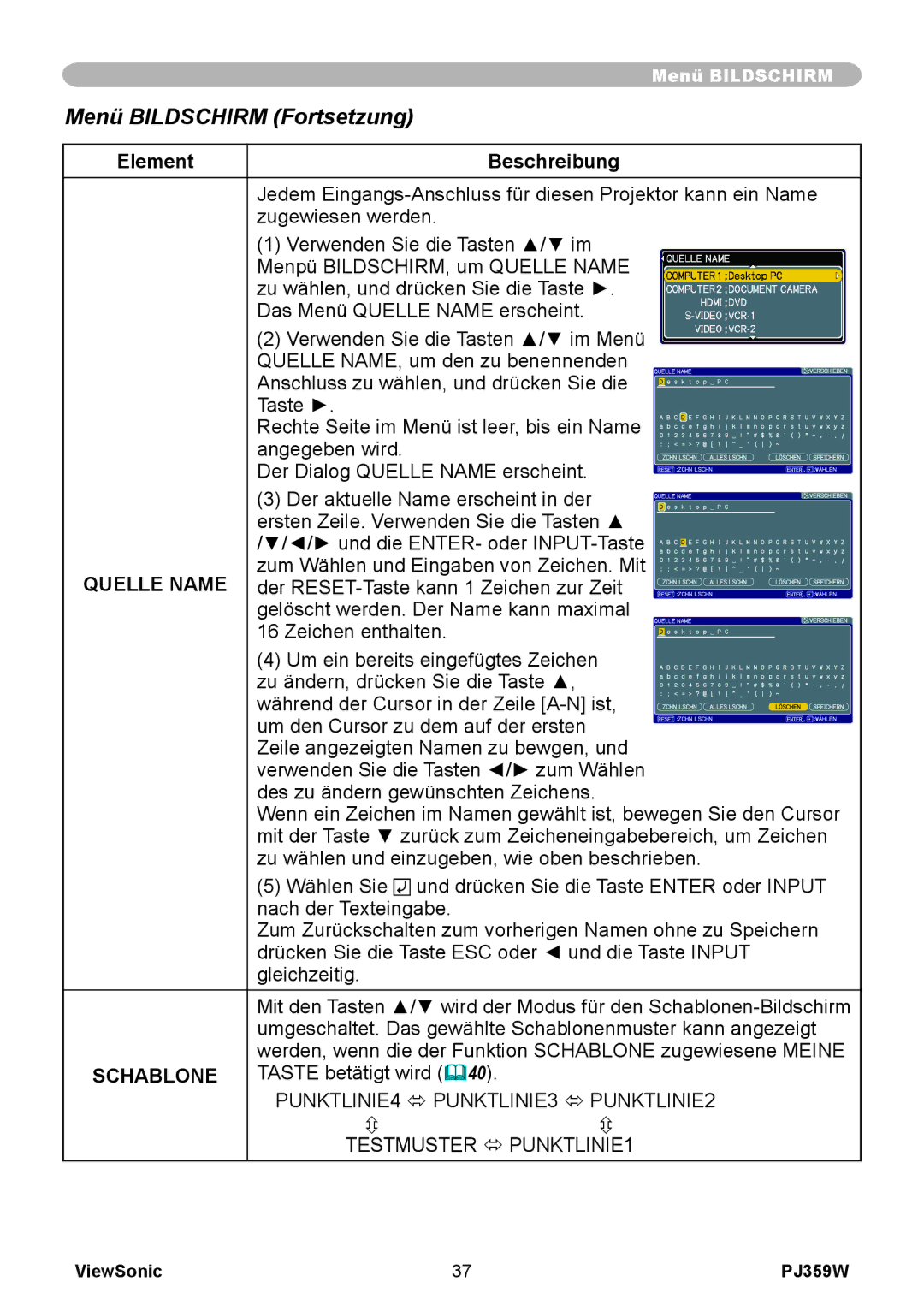 ViewSonic PJ358W manual Quelle Name, Schablone 