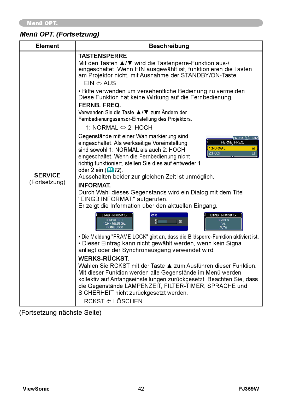 ViewSonic PJ358W manual Tastensperre, FERNB. Freq, Informat, Werks-Rückst 