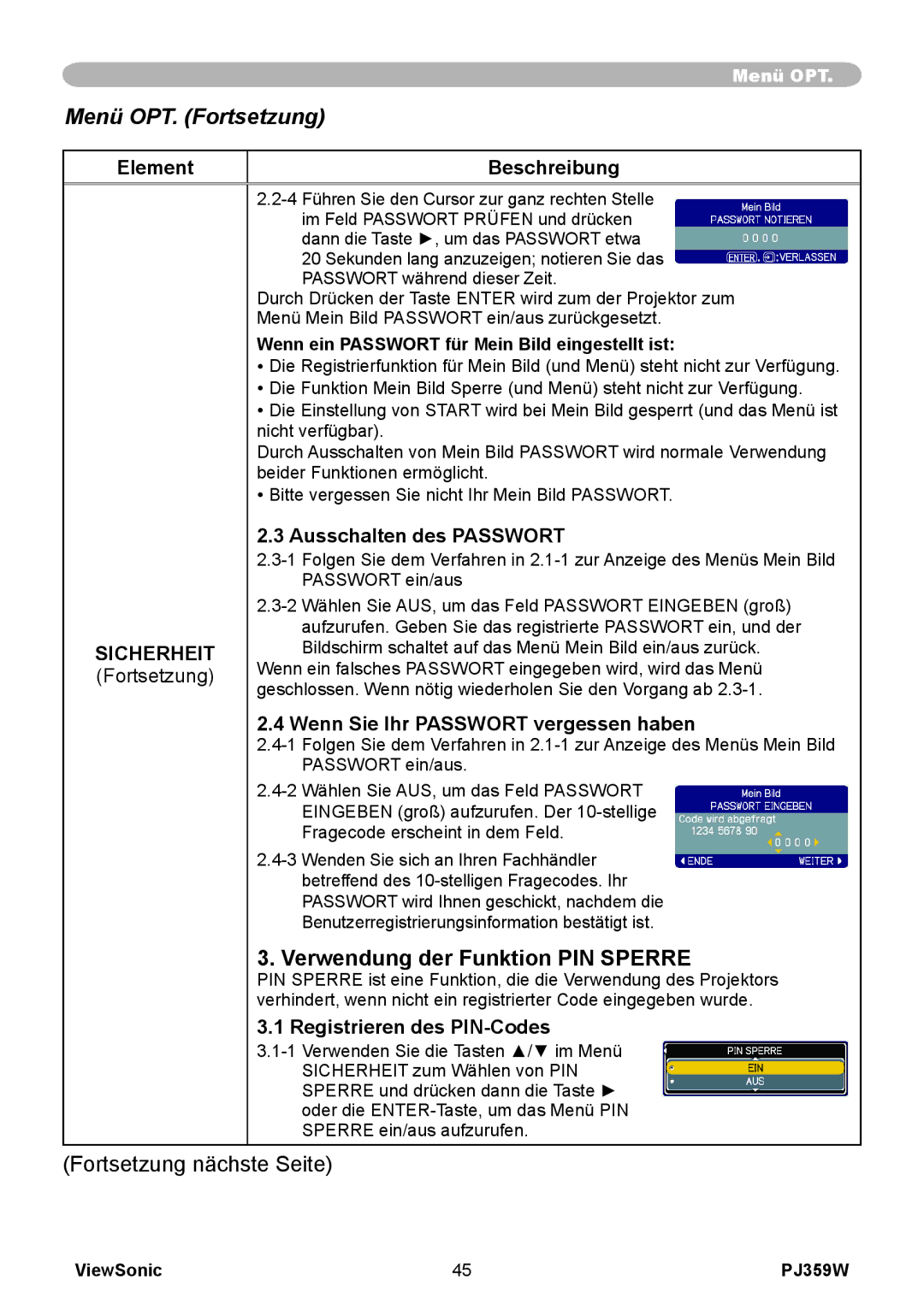 ViewSonic PJ358W Verwendung der Funktion PIN Sperre, Element Beschreibung Sicherheit Fortsetzung, Ausschalten des Passwort 