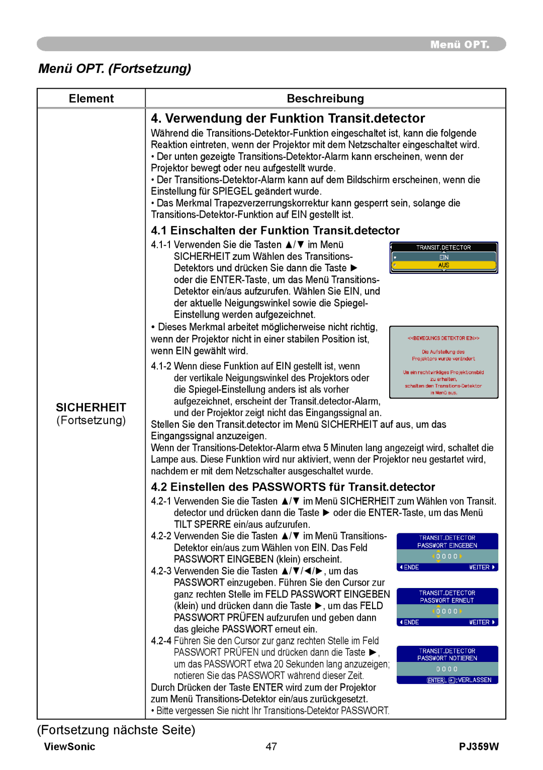 ViewSonic PJ358W manual Verwendung der Funktion Transit.detector, Einschalten der Funktion Transit.detector 