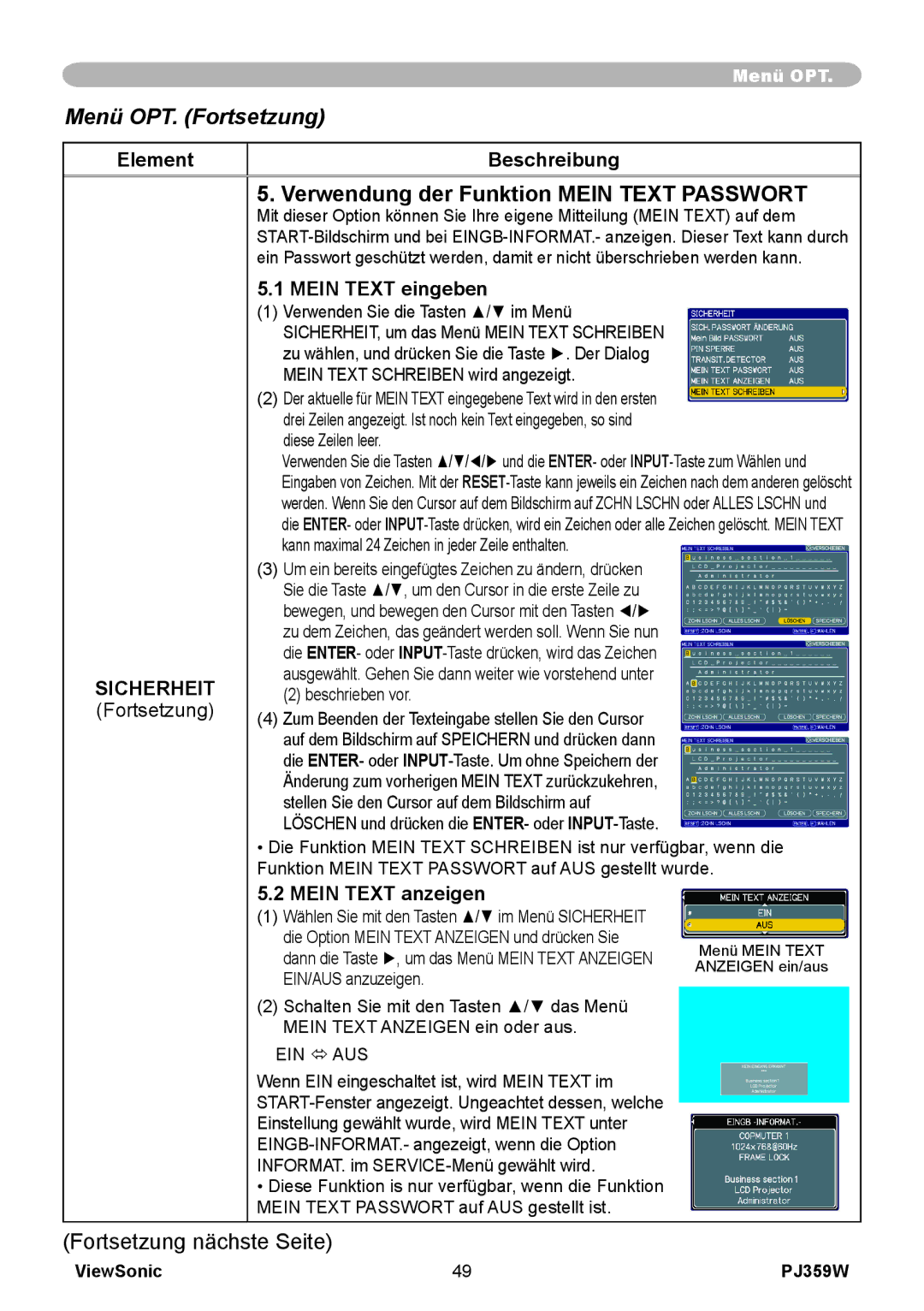 ViewSonic PJ358W manual Verwendung der Funktion Mein Text Passwort, Mein Text eingeben, Mein Text anzeigen 