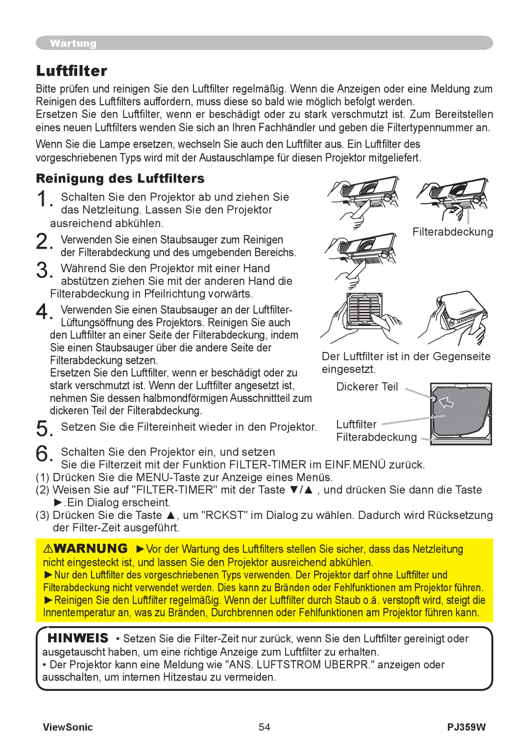 ViewSonic PJ358W manual Luftﬁilter, Reinigung des Luftfilters 