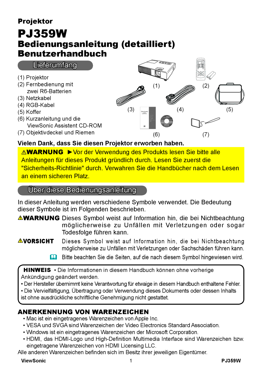 ViewSonic PJ358W manual Lieferumfang, Über diese Bedienungsanleitung, Vielen Dank, dass Sie diesen Projektor erworben haben 