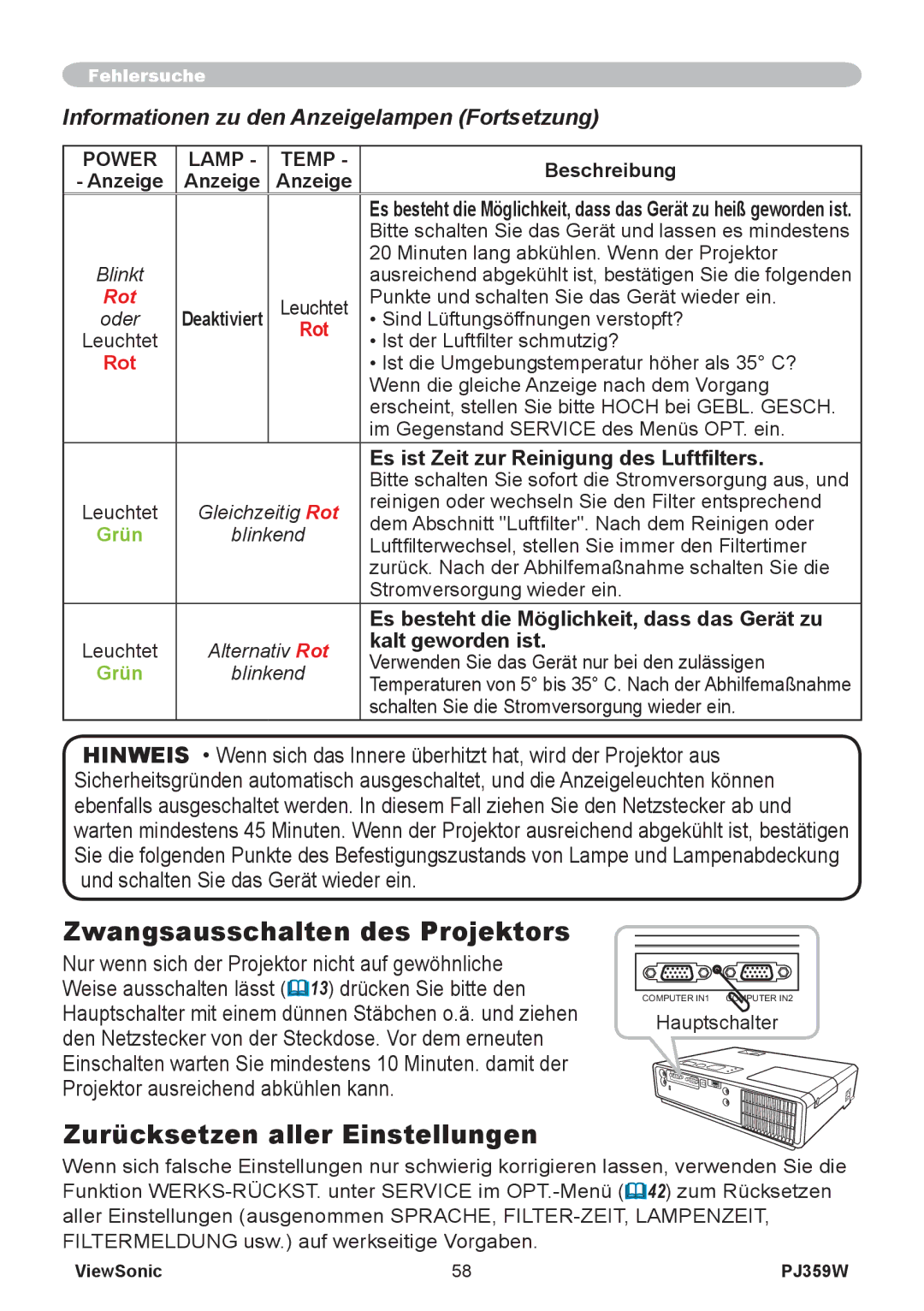 ViewSonic PJ358W manual Zwangsausschalten des Projektors, Zurücksetzen aller Einstellungen 