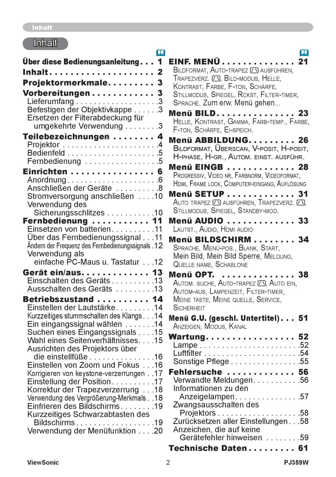 ViewSonic PJ358W manual Inhalt 