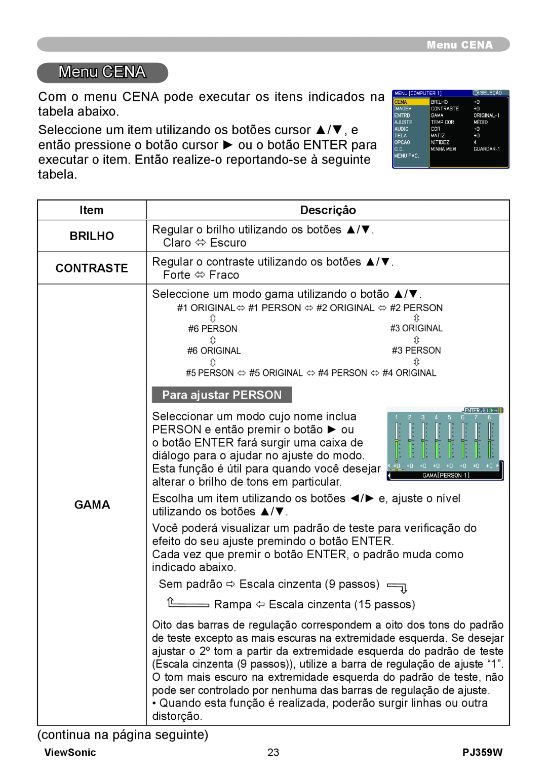 ViewSonic PJ359 manual Menu CENA, Descriçâo, Brilho, Contraste, Para ajustar PERSON, Gama 